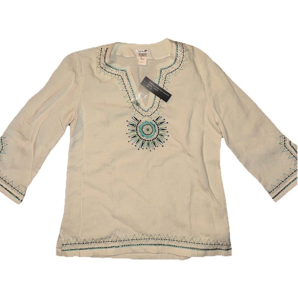 Jendo Tunic Top Blue Embroidered Sequins Blouse Summer Beach Blue New With Tags